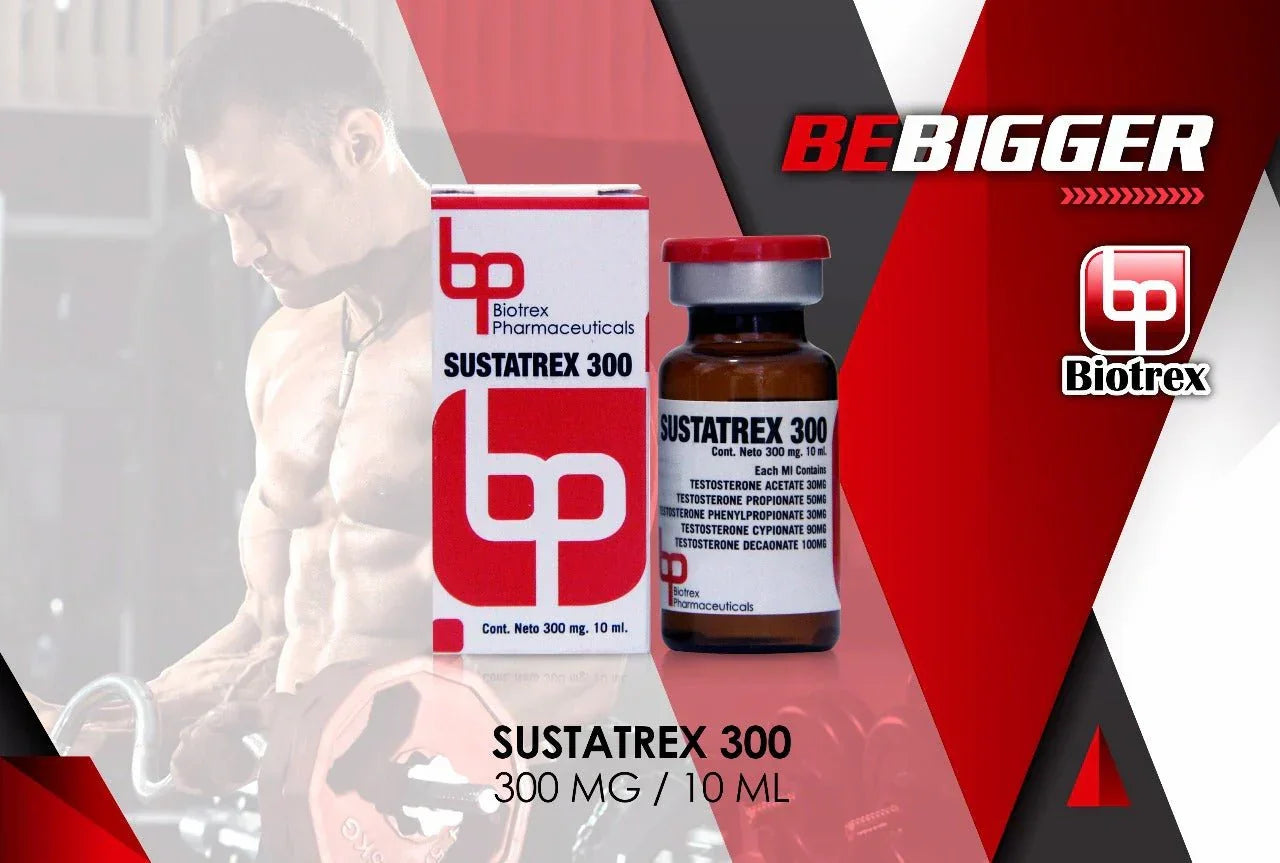 Frasco y caja de Sustatrex 300 Biotrex, suplemento para culturismo y alto rendimiento.