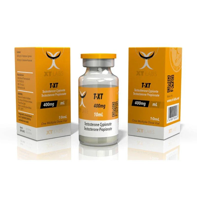 Frasco de testosterona cypionate propionate 400mg 10mL con caja naranja, suplemento farmacología deportiva.