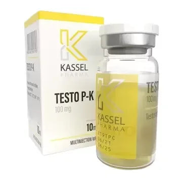 Frasco de testosterona propionato 100 mg Kassel Pharma con caja, suplemento para culturismo y fitness.
