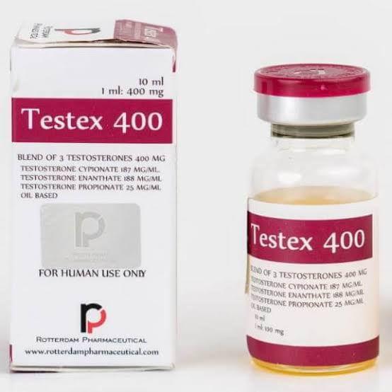 Frasco y caja de Testex 400, suplemento inyectable de testosterona para culturismo y fitness.