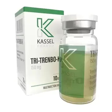 Frasco y caja de inyectable Tri-Trenbo-K 150 mg orientado a culturismo y alto rendimiento
