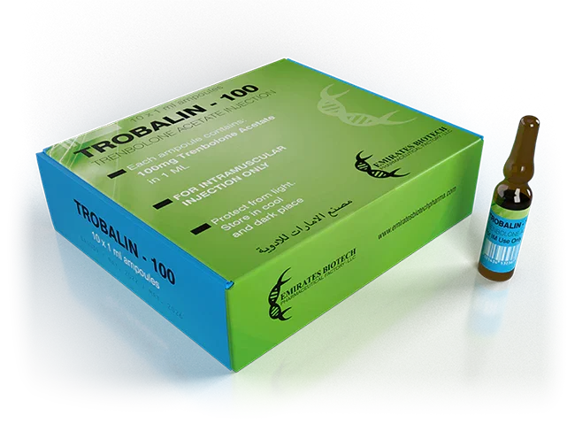 Caja y ampolla de Trobalin-100, suplemento farmacológico inyectable para culturismo y fitness.