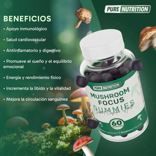 Frasco de Pure Nutrition Mushroom Focus Gummies sobre fondo de hongos, suplemento para energía, inmunidad y rendimiento físico.