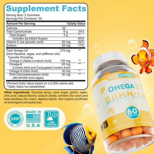 Frasco de gomitas omega 3 Pure Nutrition, suplemento nutricional, 60 piezas, con peces y tabla nutricional, ideal para salud y fitness.