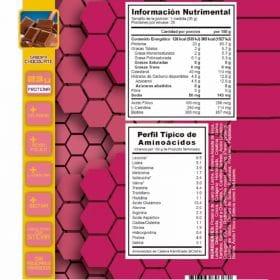 Etiqueta de proteína de suero con información nutricional, aminoácidos y sabor chocolate.