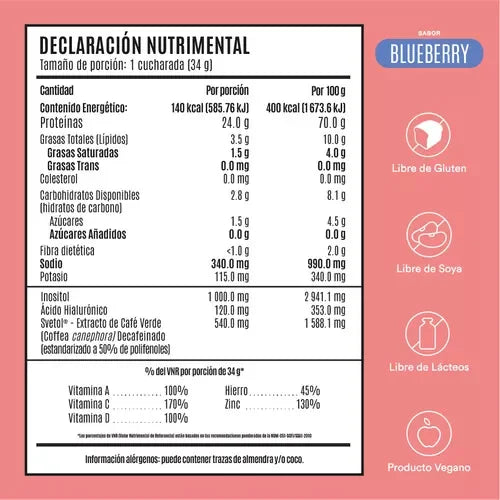 Tabla nutricional de suplemento sabor blueberry, vegano, sin gluten, soya ni lácteos, ideal para fitness.