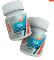 Dos frascos de suplemento Bulk para culturismo y fitness, enfocados en volumen muscular.