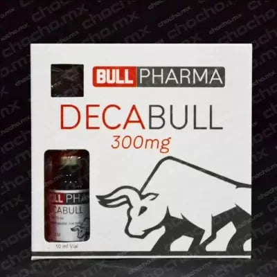 Caja de suplemento farmacológico Bull Pharma Decabull 300mg con vial visible para culturismo.