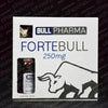 Caja de suplemento Bull Pharma FORTEBULL 250mg con vial visible y logo de toro, farmacología deportiva.