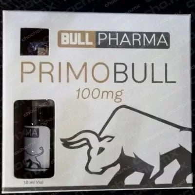 Caja de PrimoBull 100mg Bull Pharma con vial visible, diseí±o de toro para culturismo.
