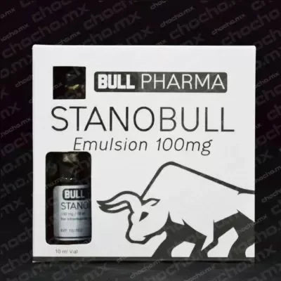 Caja de Stanobull Emulsion 100mg Bull Pharma con frasco visible, suplemento para fitness y culturismo