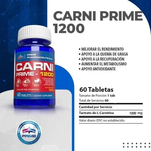 Suplemento Carni Prime 1200 con L-Carnitina, 60 tabletas, apoyo quema de grasa y recuperación