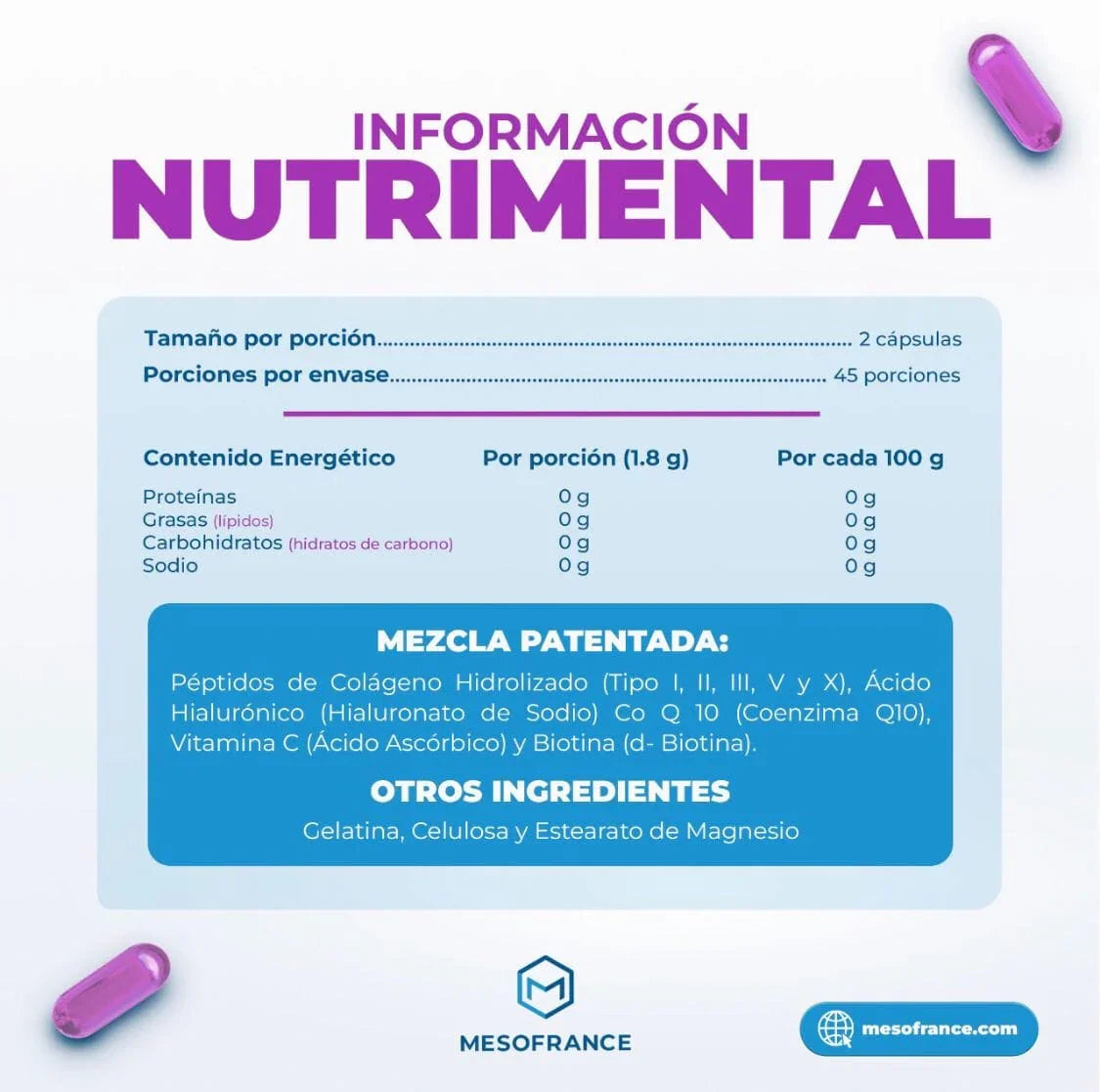Tabla de información nutrimental de suplemento con ingredientes como colágeno hidrolizado, ácido hialurónico y vitamina C, cápsulas moradas sobre fondo claro.