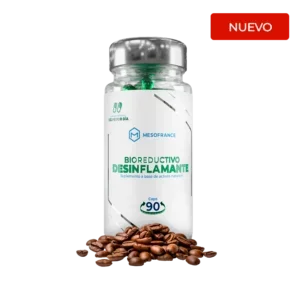 Frasco de cápsulas bio reductivo desinflamante con granos de café, suplemento fitness nuevo.