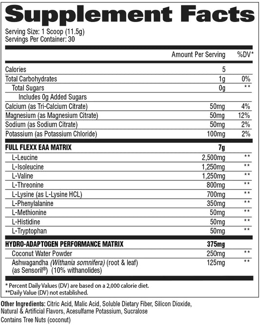 Tabla de información nutricional de suplemento con aminoácidos esenciales y adaptógenos, ingredientes detallados y cantidades por porción.