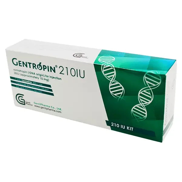 Caja de Gentropin 210 IU hormona de crecimiento, suplemento para fitness y culturismo.