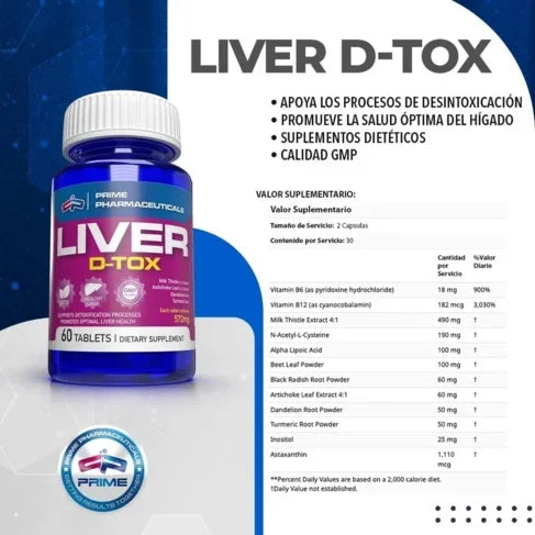 Suplemento Liver D-Tox para salud hepática, apoyo detox, bote azul con etiqueta y tabla nutricional.