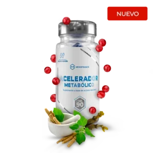 Suplemento acelerador metabólico en cápsulas con ingredientes naturales, etiqueta blanco-azul, rodeado de plantas y especias, ideal para fitness y alto rendimiento.