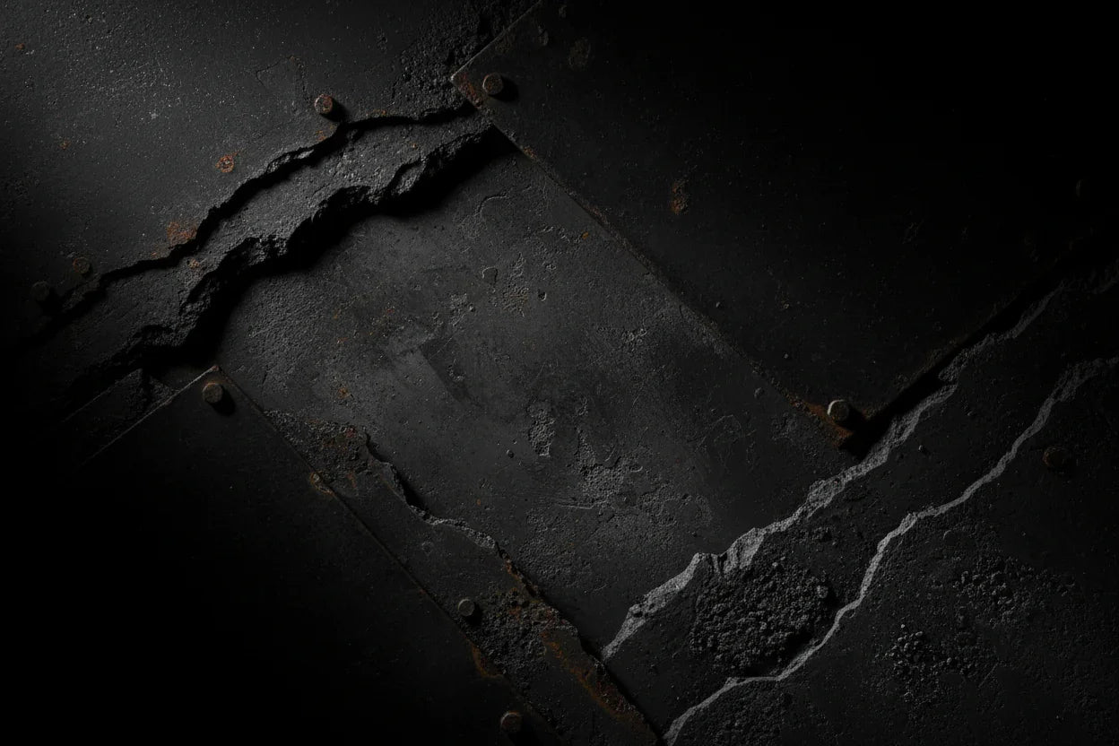 Fondo de metal negro agrietado, textura industrial para fitness y musculación
