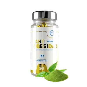 Frasco de cápsulas Anti Obesidad para fitness junto a polvo verde natural, suplemento deportivo