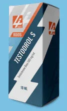 Caja de suplemento Testodrol S 10ml para culturismo, fondo azul, producto farmacológico deportivo