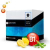 Caja de suplemento deportivo Musclebig, con iconos de vitaminas y limón, ideal para culturismo y fitness.