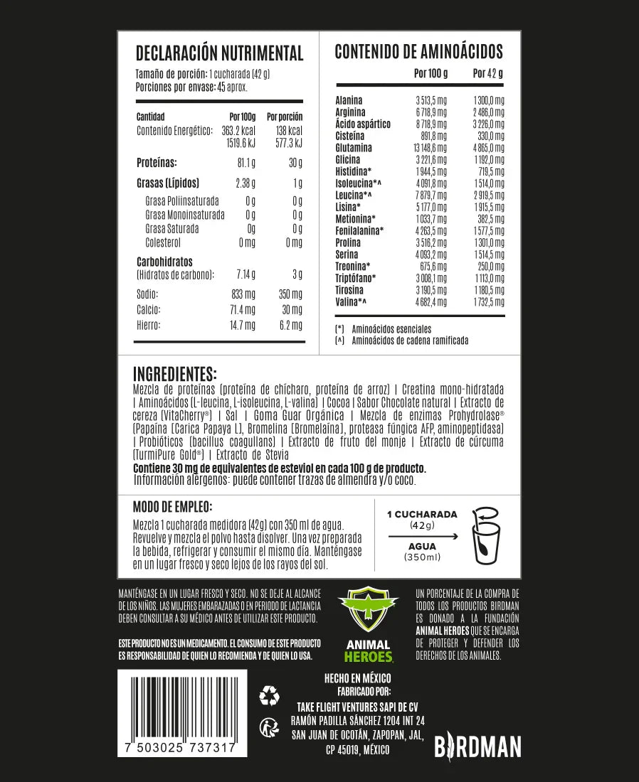 Etiqueta de suplemento proteico sabor chocolate, tabla nutricional y uso recomendado en espaí±ol.