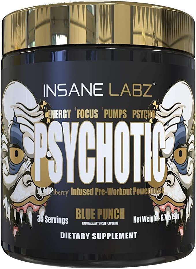 Bote de suplemento pre-entrenamiento Psychotic Blue Punch, 35 servicios, con diseí±o de demonios.
