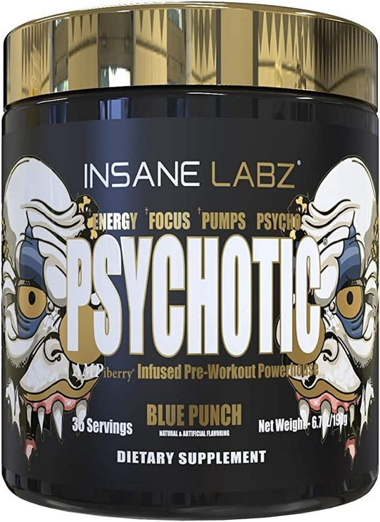 Bote de suplemento pre-entrenamiento Psychotic Blue Punch, 35 servicios, con diseí±o de demonios.