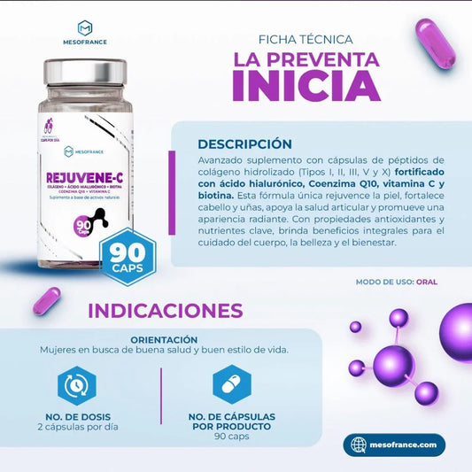 Frasco de suplemento Rejuvene-C de 90 cápsulas con colágeno, ácido hialurónico, coenzima Q10, vitamina C y biotina para belleza y bienestar.