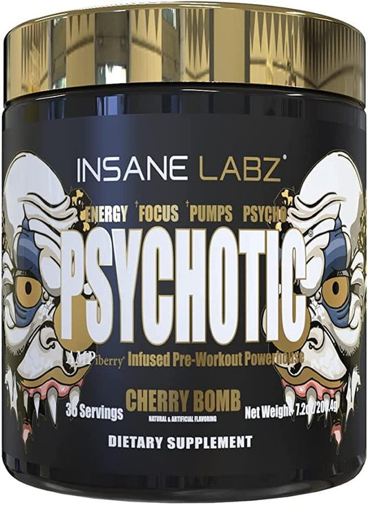 Bote de suplemento pre-entrenamiento Psychotic sabor Cherry Bomb, 35 servicios, fondo negro con gráficos llamativos.