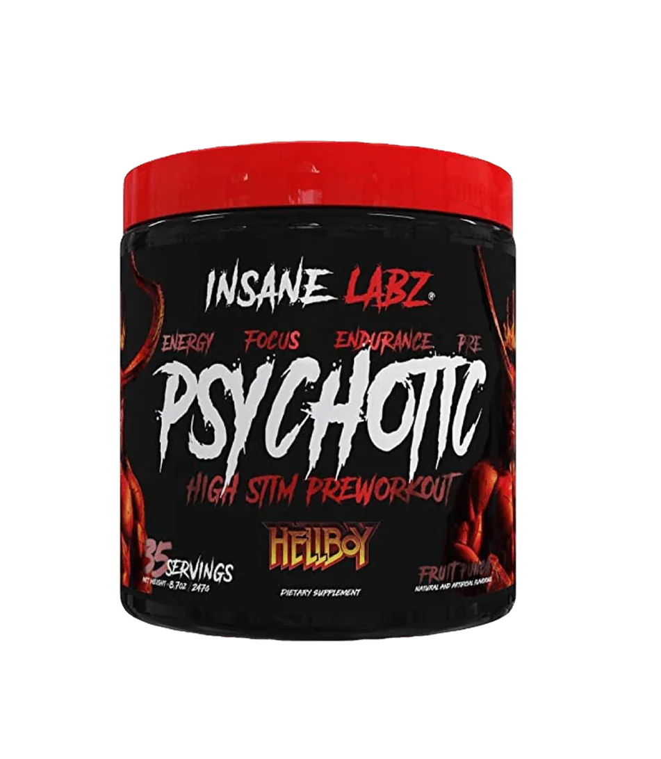 Suplemento preentrenamiento Psychotic Hellboy sabor fruit punch, 35 servicios, rendimiento deportivo