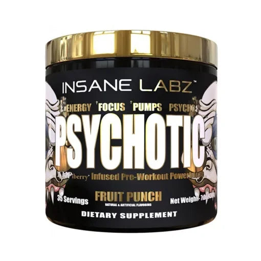 Pre-entrenamiento Psychotic sabor Fruit Punch, 35 servicios, suplemento energético para fitness.