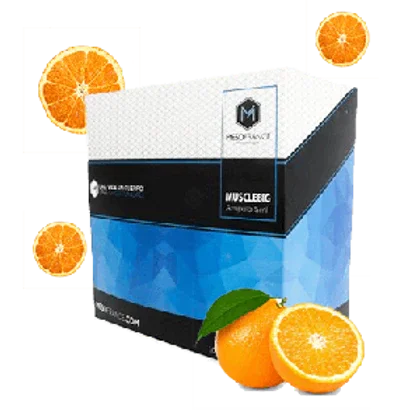 Caja de ampollas reafirmantes con diseí±o azul y rodajas de naranja, suplemento muscular