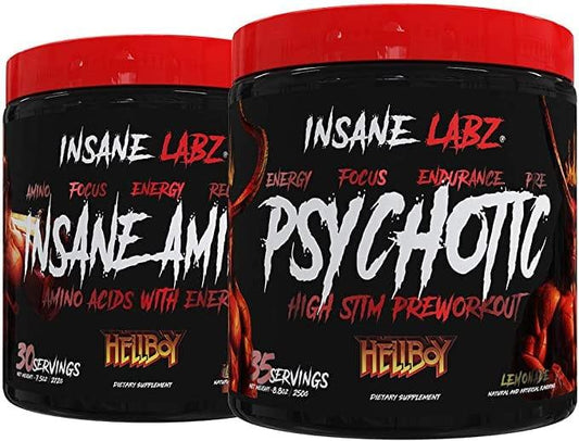 Botes de suplementos Insane Labz Hellboy Psychotic y Amino Acids, preentrenamiento para fitness