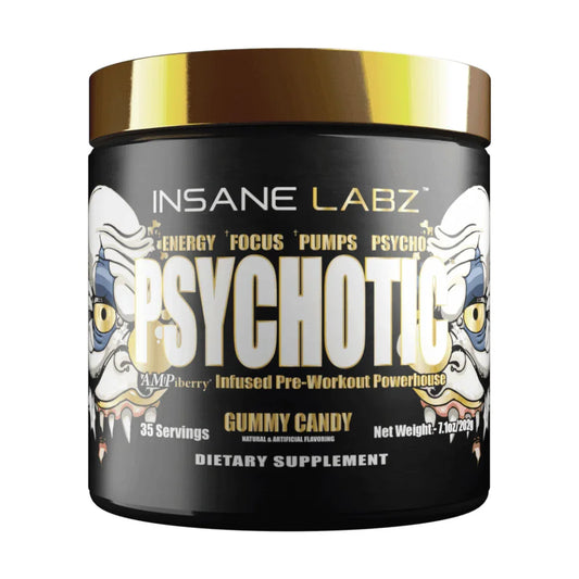 Suplemento pre-entrenamiento Psychotic sabor gummy candy, 35 servicios, bote negro con tapa dorada.