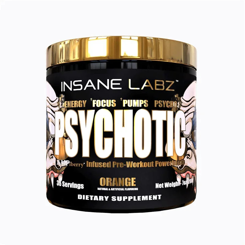 Bote de suplemento pre-entrenamiento Psychotic sabor naranja, 35 servicios, fondo blanco