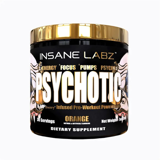 Bote de suplemento pre-entrenamiento Psychotic sabor naranja, 35 servicios, fondo blanco