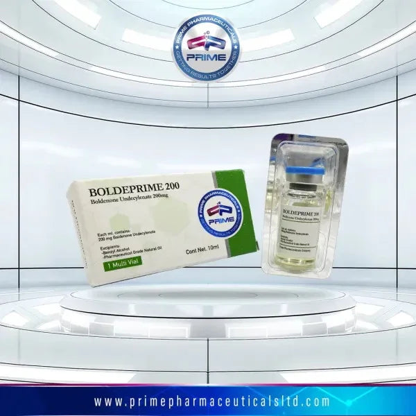 Caja y vial de Boldeprime 200, suplemento inyectable para culturismo y fitness.