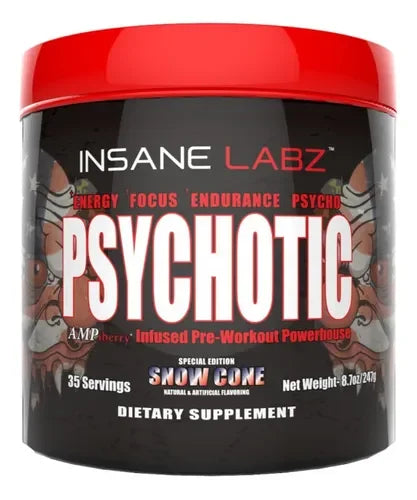 Bote de suplemento pre-entrenamiento Psychotic Snow Cone, 35 servicios, enfoque y energí­a