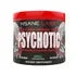 Bote de suplemento pre-entrenamiento Psychotic sabor manzana, etiqueta negra y tapa roja