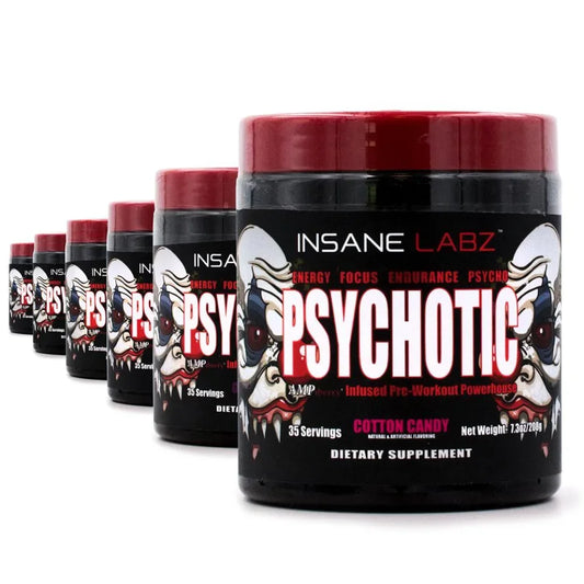 Suplemento pre-entrenamiento Psychotic Cotton Candy, varios botes en fila, etiqueta llamativa.