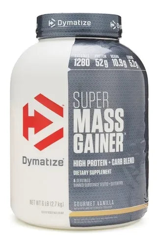 Envase de suplemento Super Mass Gainer sabor vainilla de 6 libras para ganancia muscular.
