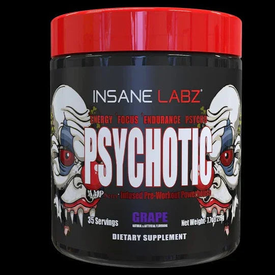 Bote de suplemento pre-entrenamiento Psychotic sabor uva, con tapa roja y diseí±o de payasos.
