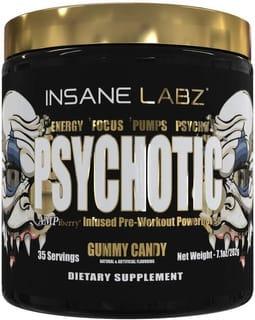 Bote de suplemento pre-entrenamiento Psychotic sabor Gummy Candy, 35 servicios, fondo negro con diseí±o intimidante.