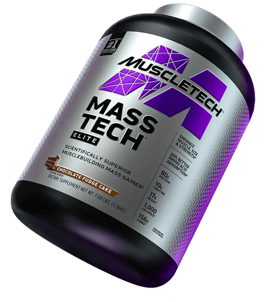 Suplemento aumento de masa muscular Mass Tech Elite sabor chocolate, 7 lbs, bote grande.