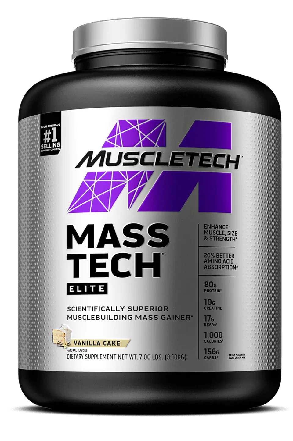 Suplemento Mass Gainer MuscleTech Mass Tech Elite sabor vainilla, bote de 7 libras.