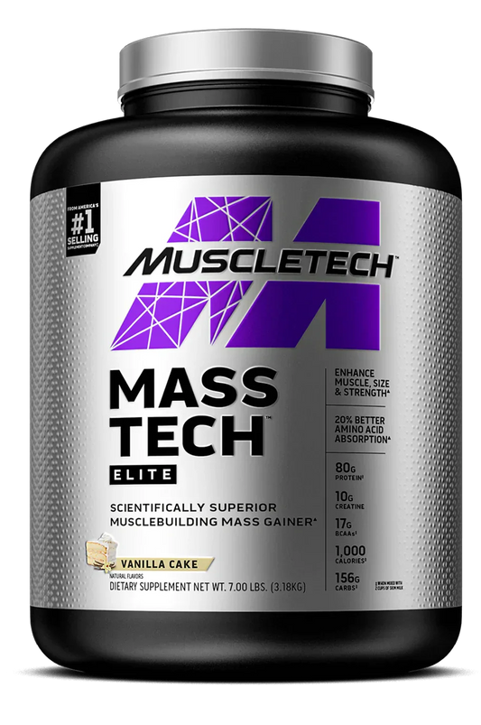 Suplemento Mass Gainer MuscleTech Mass Tech Elite sabor vainilla, bote de 7 libras.