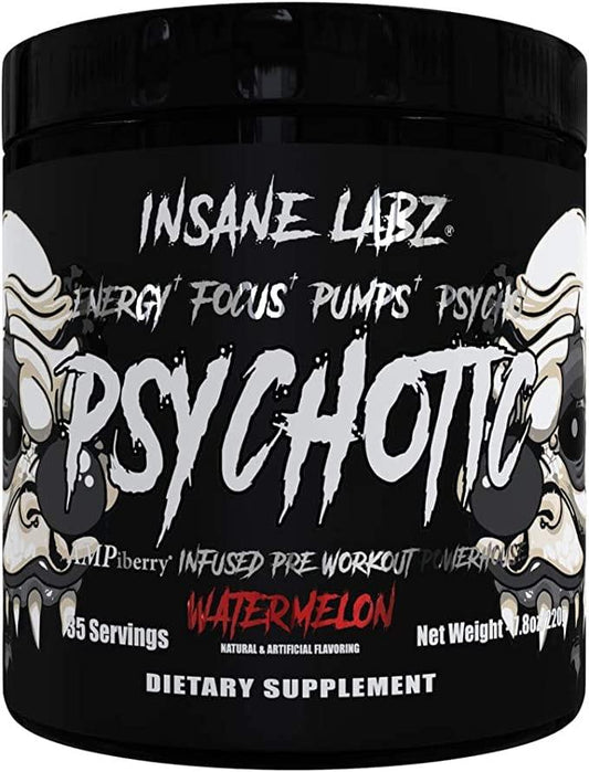 Suplemento pre-entrenamiento sabor sandí­a Insane Labz Psychotic, 35 porciones, envase negro