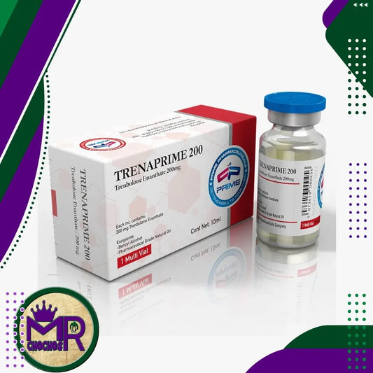 Frasco y caja de Trenaprime 200, suplemento avanzado para culturismo y alto rendimiento.